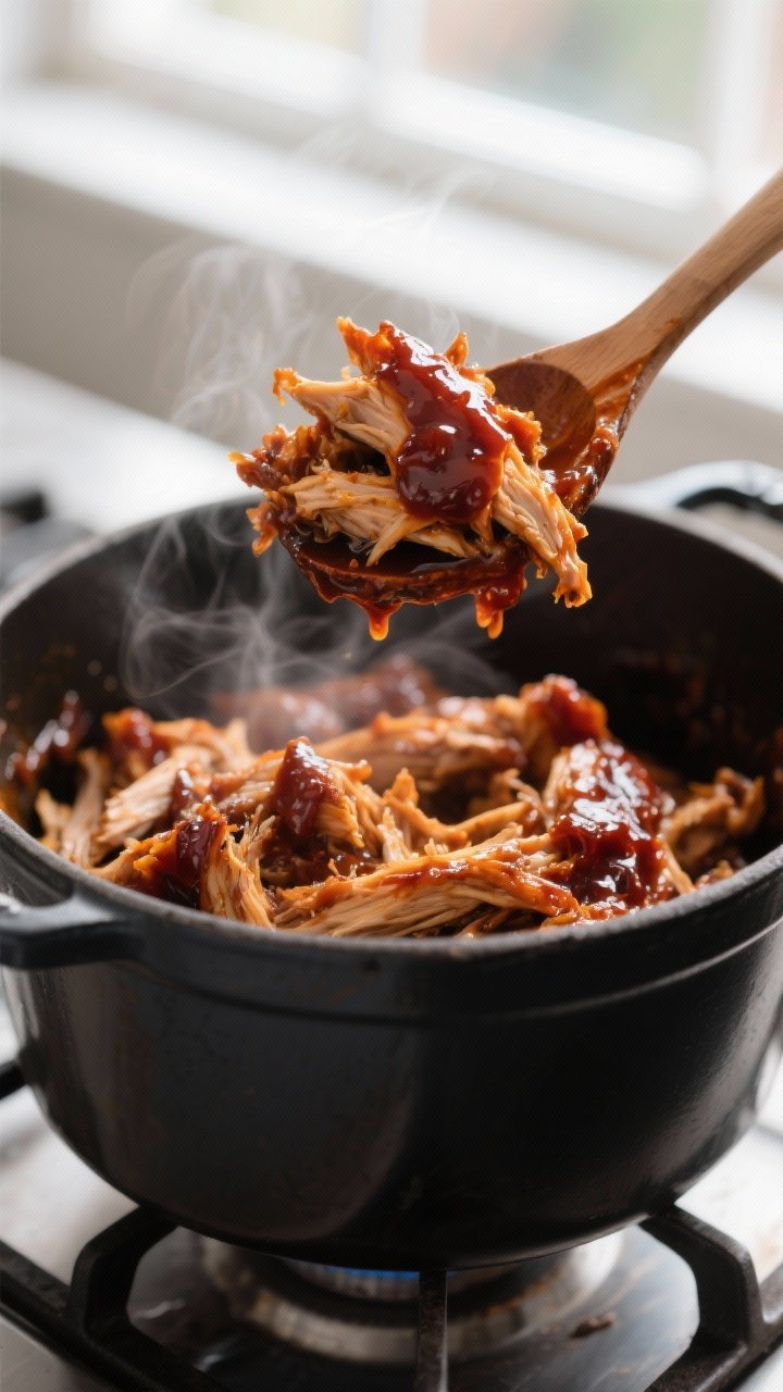 Close-up detail: Juicy BBQ shredded chicken just returned to the pot, glistening in a thick tangy-sw
