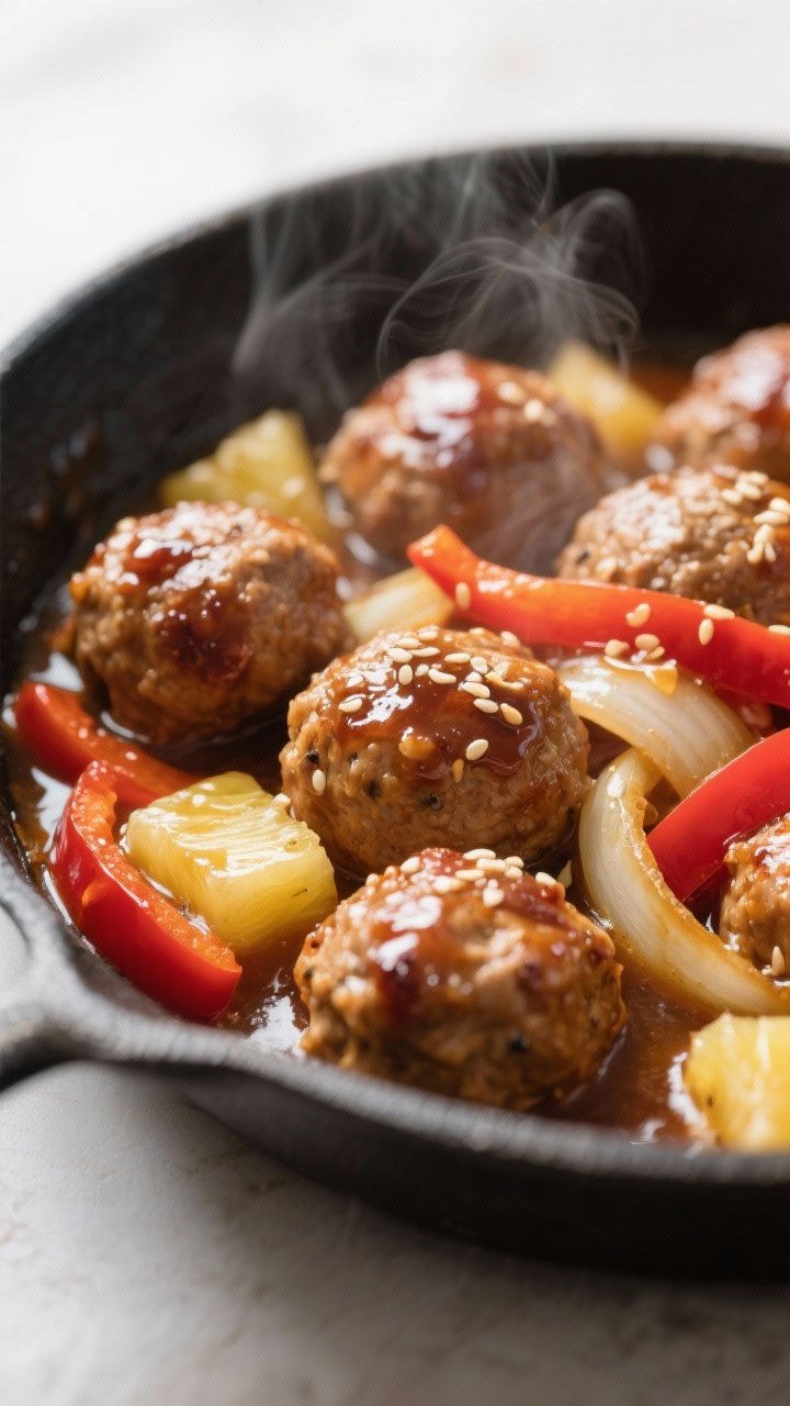 Close-up detail: Juicy turkey meatballs simmering in glossy sweet & sour sauce in a nonstick skillet