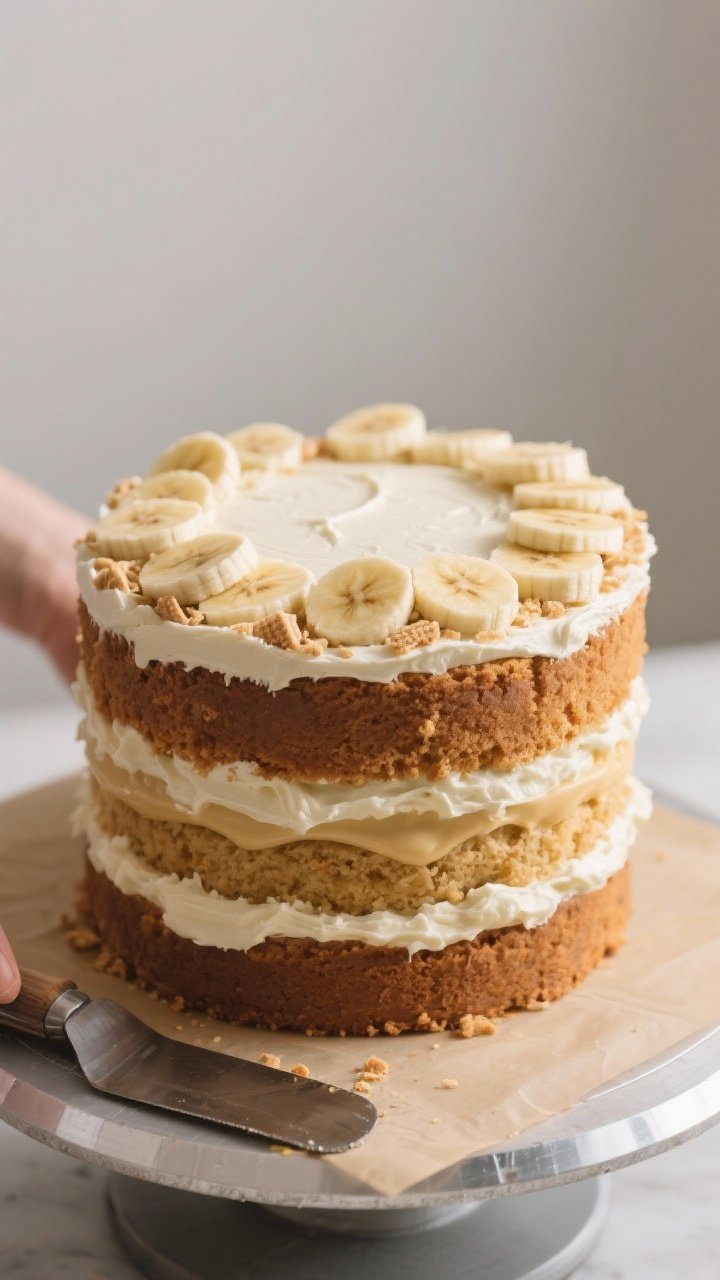 Close-up detail, mid-assembly: A three-layer banana pudding cake being assembled on a turntable. The