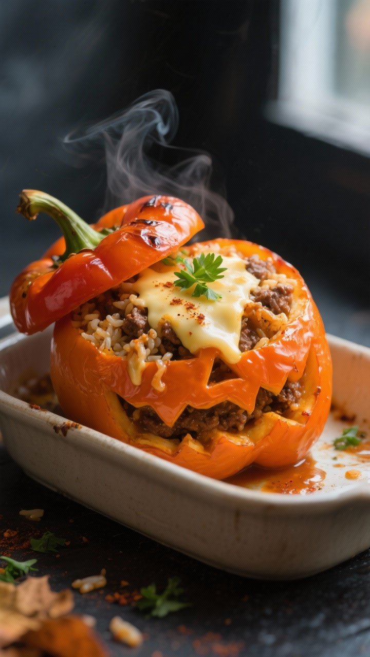 Close-up detail of a baked, carved orange bell pepper “jack-o’-lantern” stuffed with a saucy b