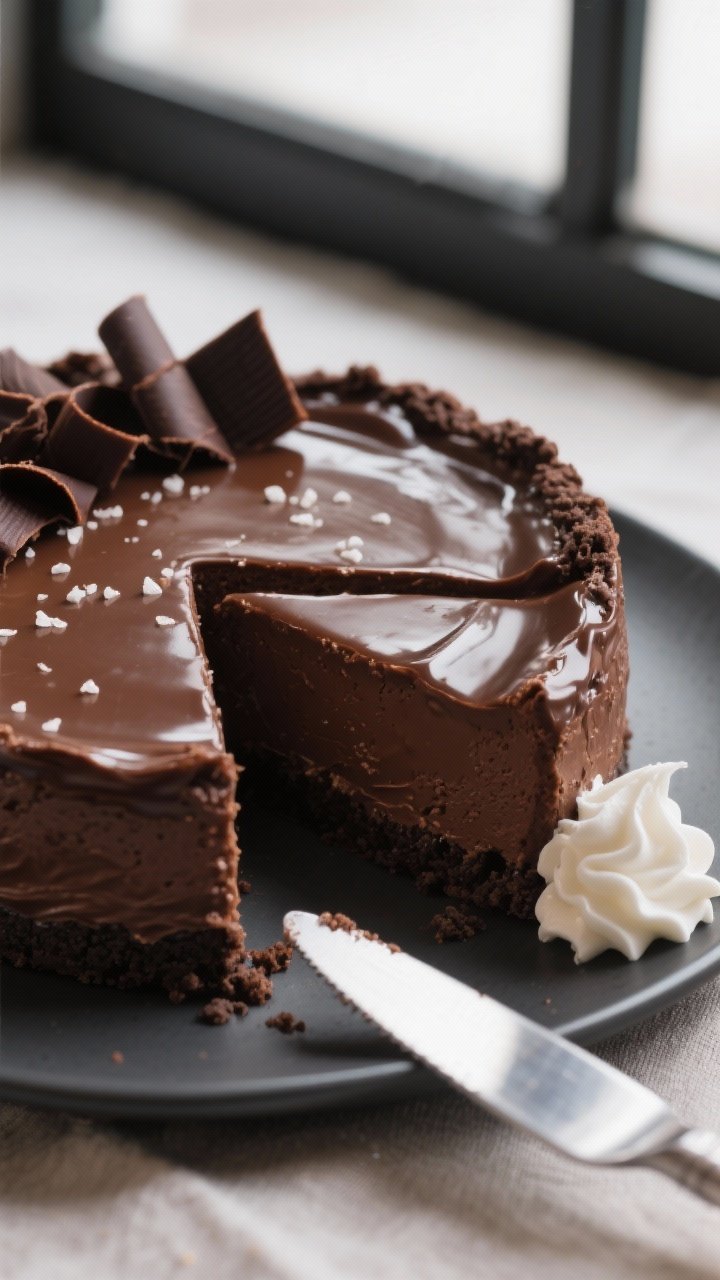 Close-up detail of a freshly sliced Chocolate Espresso Cheesecake showing a silky, dense interior wi