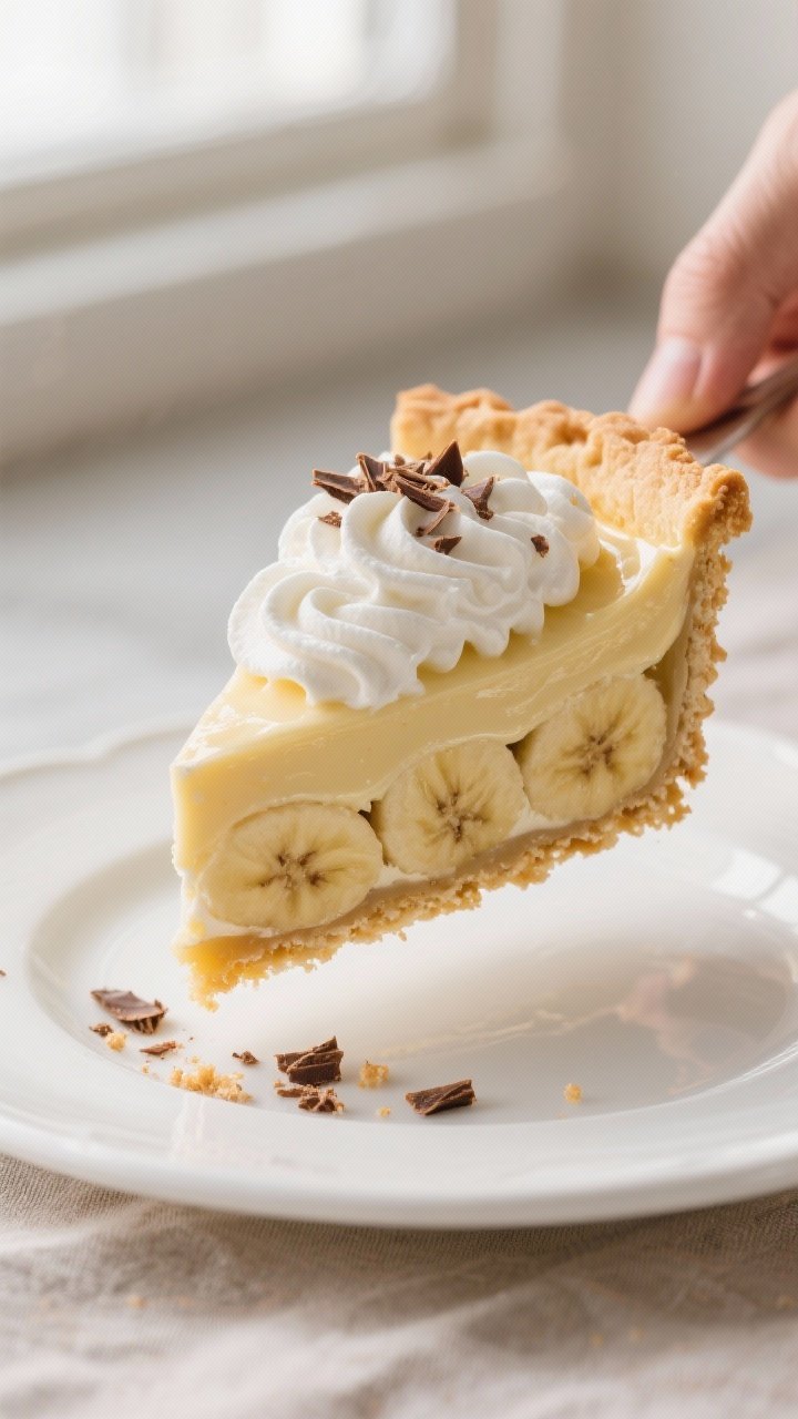 Close-up detail of a freshly sliced piece of Classic Banana Cream Pie being lifted from the pie, sho