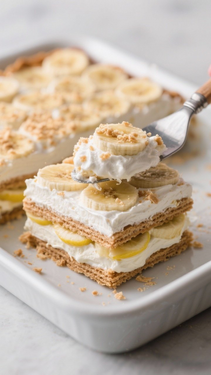 Close-up detail of a neatly sliced square of chilled banana pudding in a 9x13 dish being lifted with