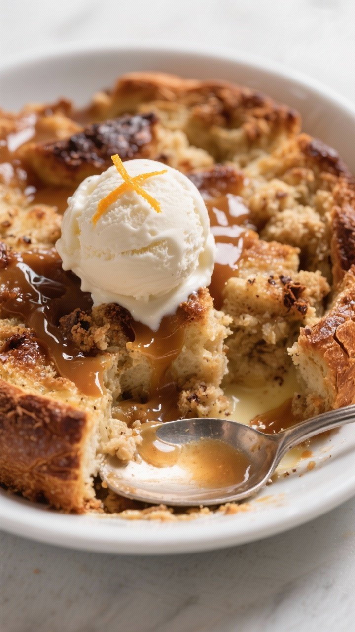 Close-up detail of a plated serving of challah bread pudding in a shallow white bowl, spooned warm a