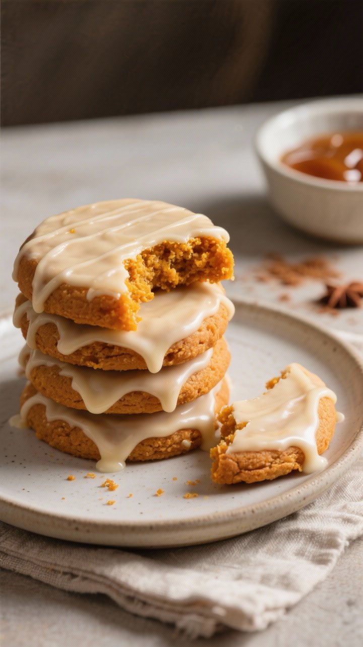 Close-up detail of a plated stack of pumpkin pie cookies with the vanilla glaze set and slightly tra