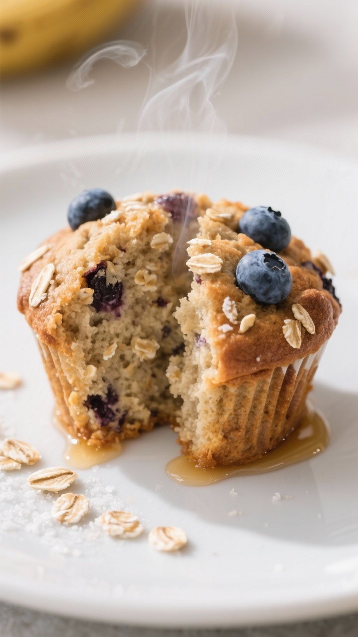 Close-up detail of a single Banana Oat Healthy Muffin sliced in half on a matte white plate, showcas