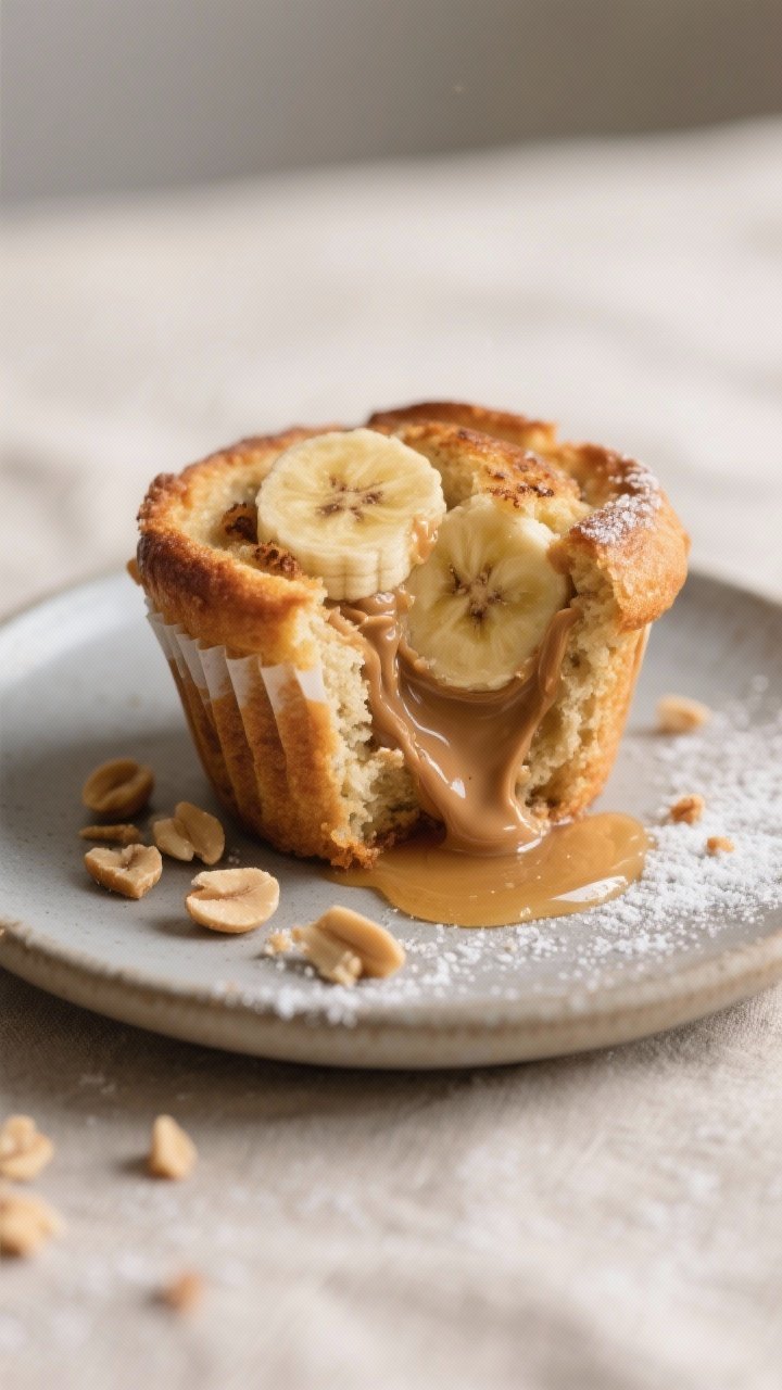 Close-up detail of a single Peanut Butter Banana French Toast Muffin torn open on a matte stoneware 