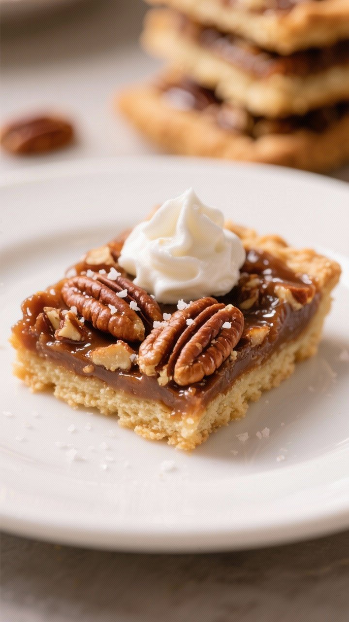 Close-up detail of a single pecan pie bar plated on a matte white dessert plate, showing thick butte