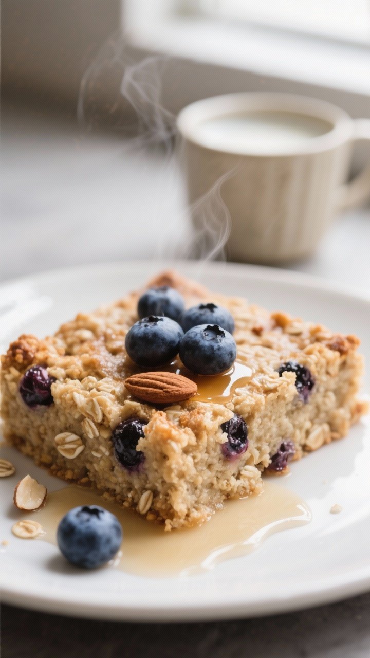 Close-up detail of a warm plated square of blueberry almond baked oatmeal on a matte white plate, sp