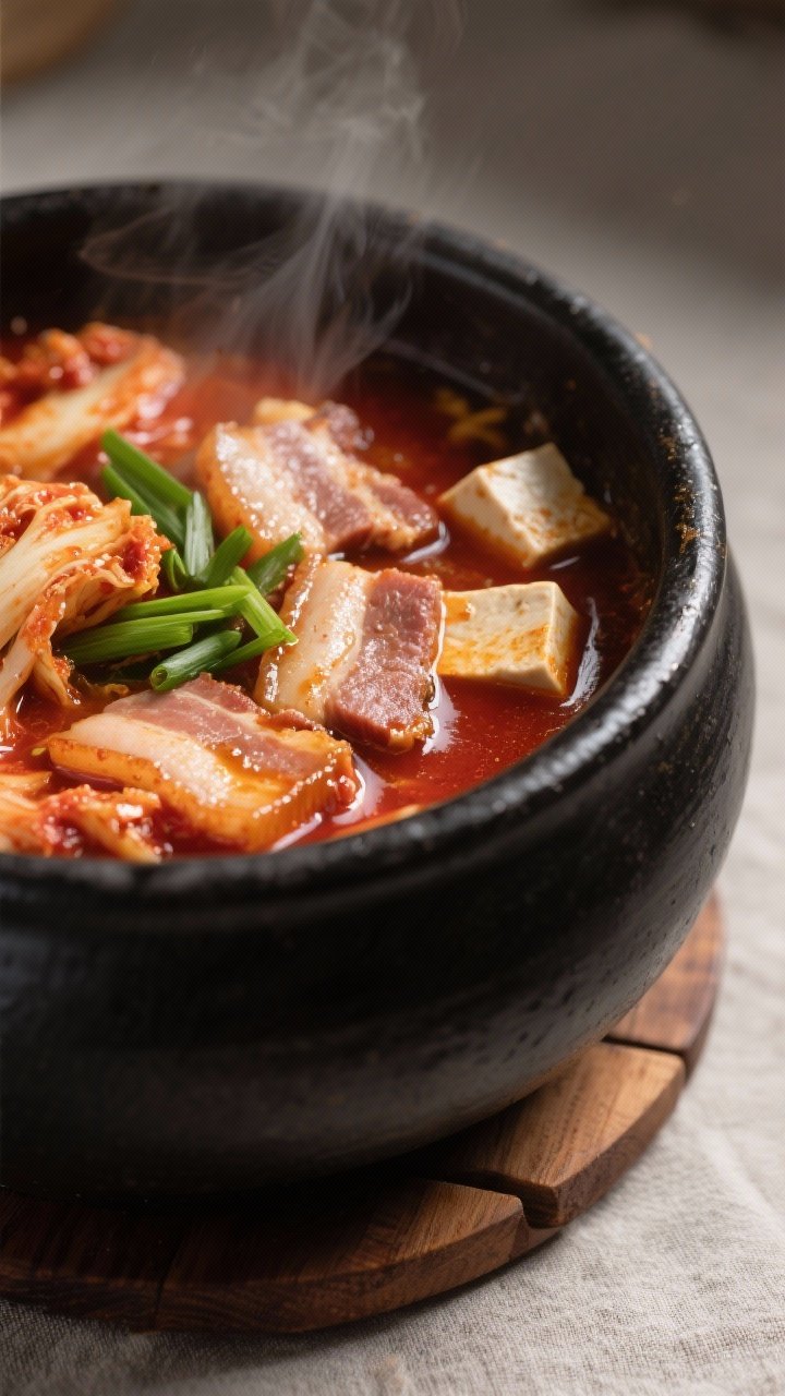 Close-up detail of bubbling kimchi jjigae mid-simmer in a matte-black Korean ttukbaegi (earthenware 