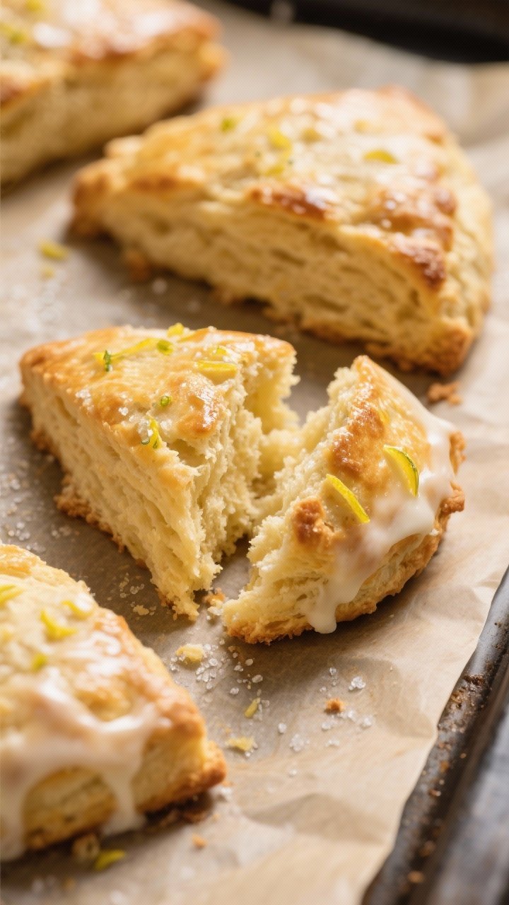 Close-up detail of freshly baked lemon scone wedges just out of the oven on a parchment-lined sheet,