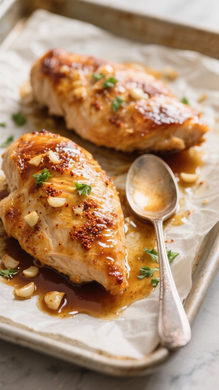 Close-up detail of honey garlic baked chicken breast just out of the oven on a parchment-lined sheet