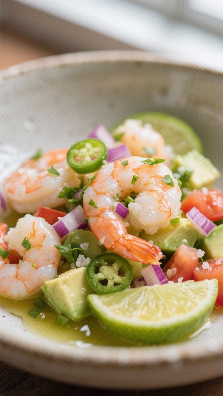Close-up detail of keto avocado shrimp ceviche just after marinating: opaque, lime-cured shrimp glis