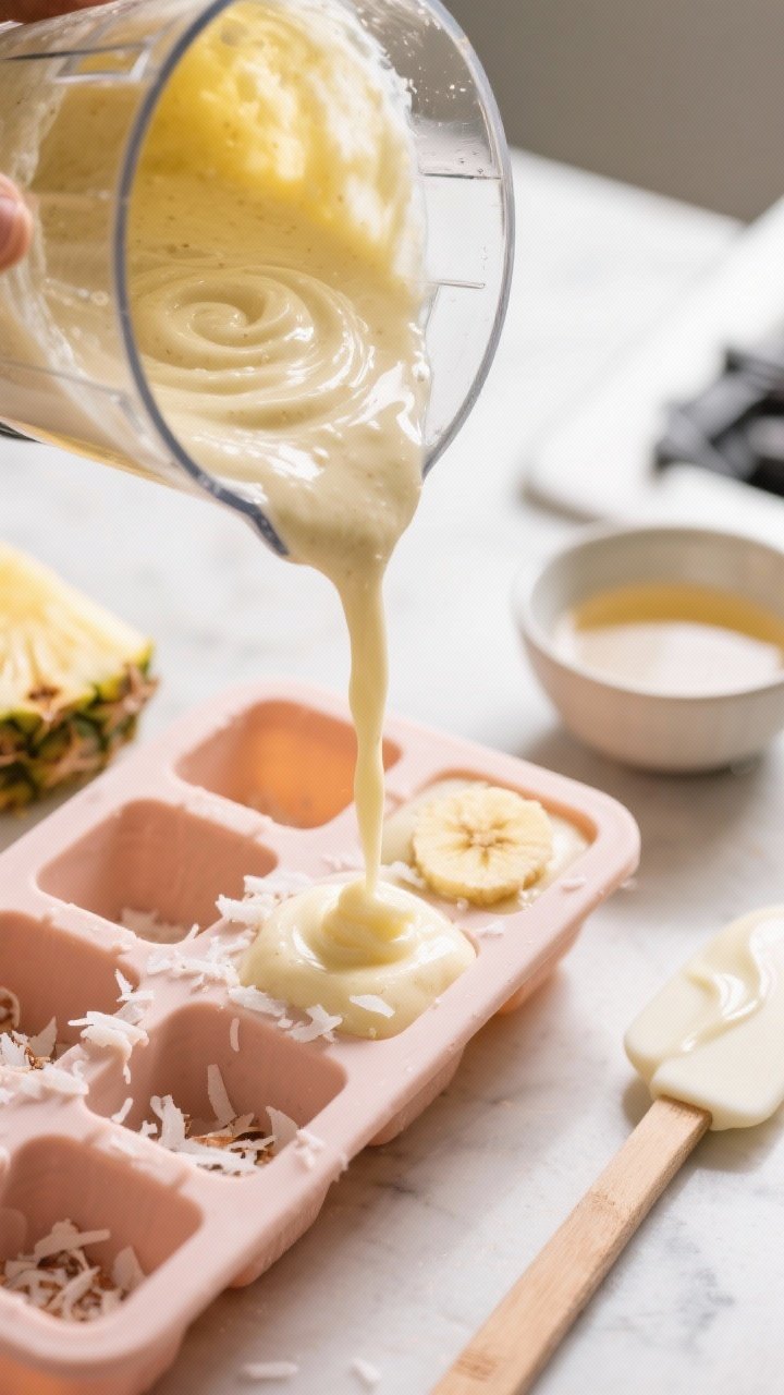 Close-up detail of the blended pineapple-yogurt mixture being poured from a blender into assorted si