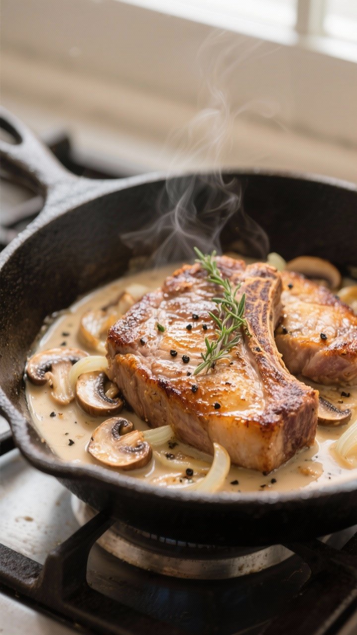 Close-up detail: Pan-seared pork chops nestled in a silky mushroom cream sauce inside a cast-iron sk