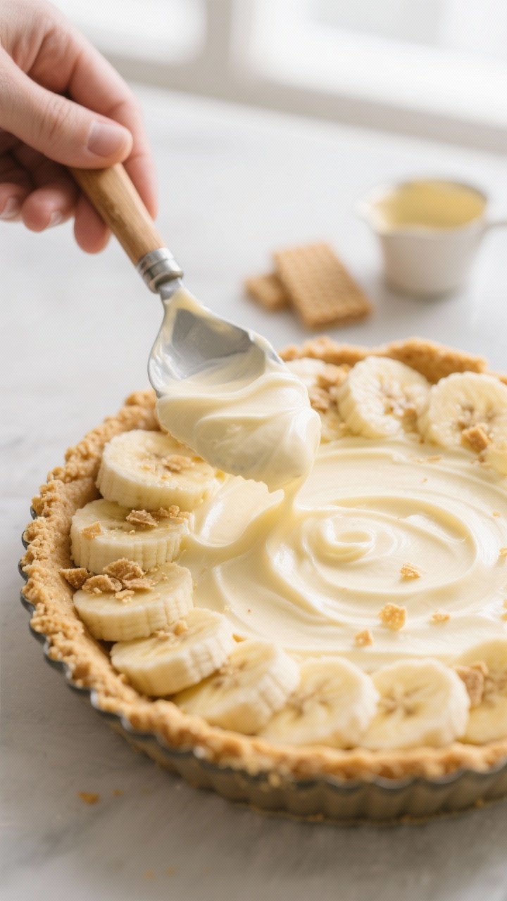 Close-up detail/process shot: A 9-inch pie dish filled with a firmly packed, chilled vanilla wafer c