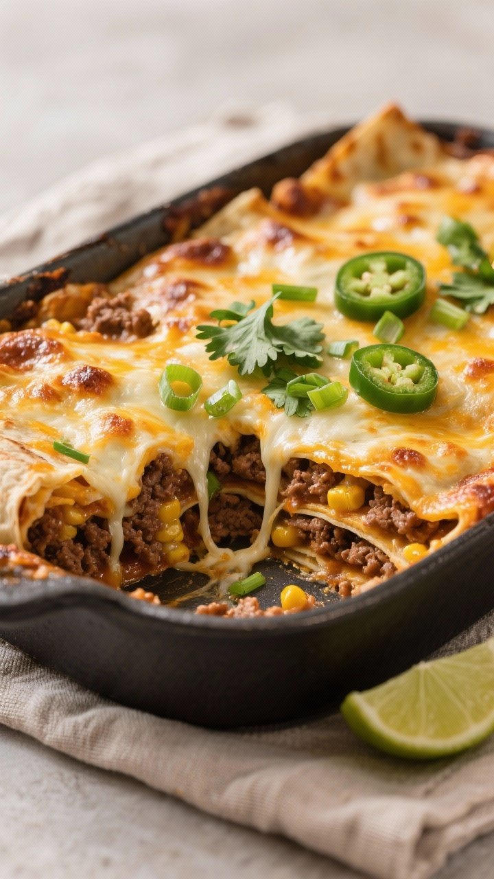 Close-up detail shot: A freshly baked beef enchilada casserole just out of the oven, cheese fully me