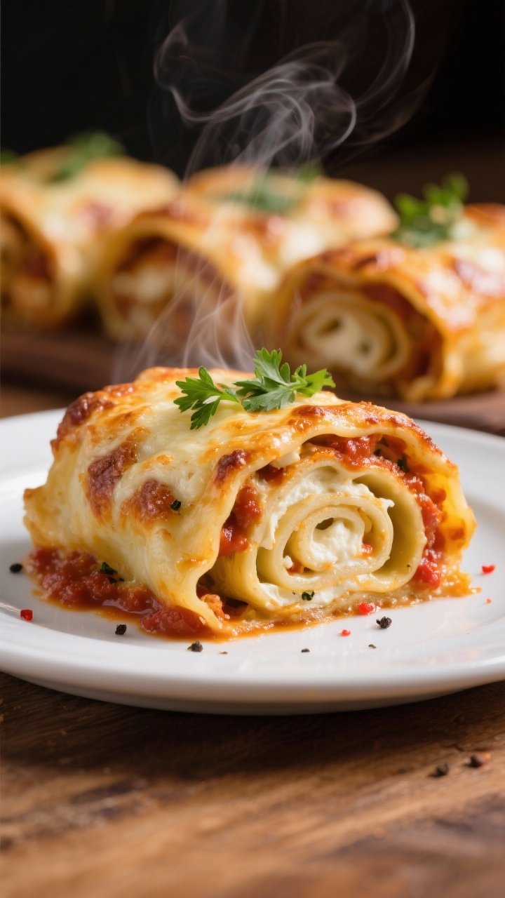 Close-up detail shot: A freshly baked lasagna roll sliced to reveal its tight spiral of ricotta, moz