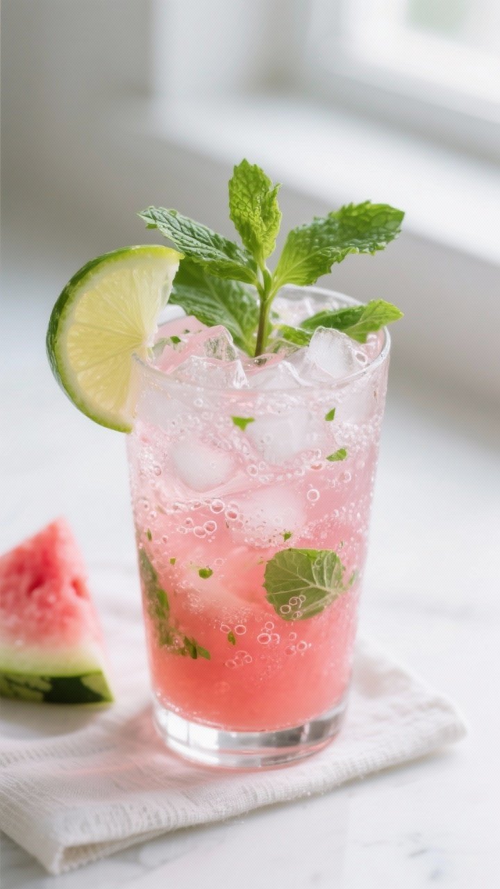 Close-up detail shot: A freshly built Watermelon Mojito in a clear highball glass packed with frosty