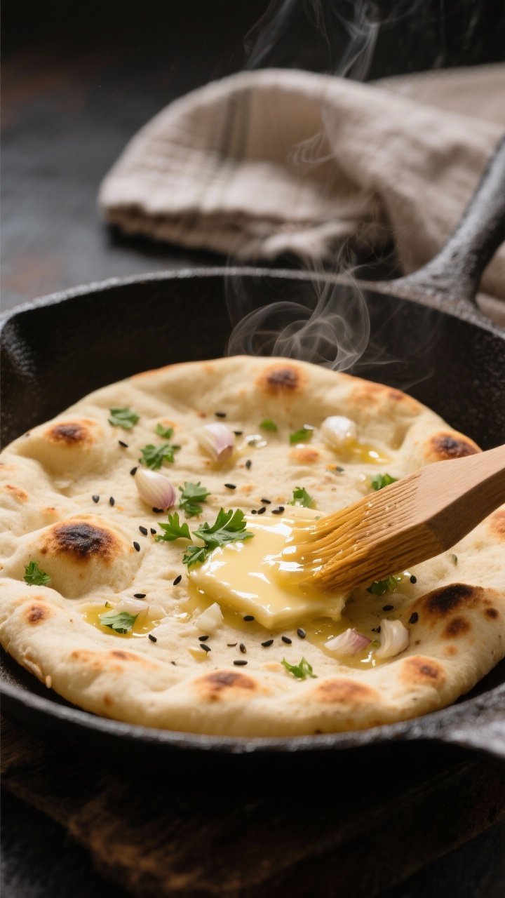 Close-up detail shot: A freshly cooked naan on a hot cast-iron skillet, first side just flipped, sho
