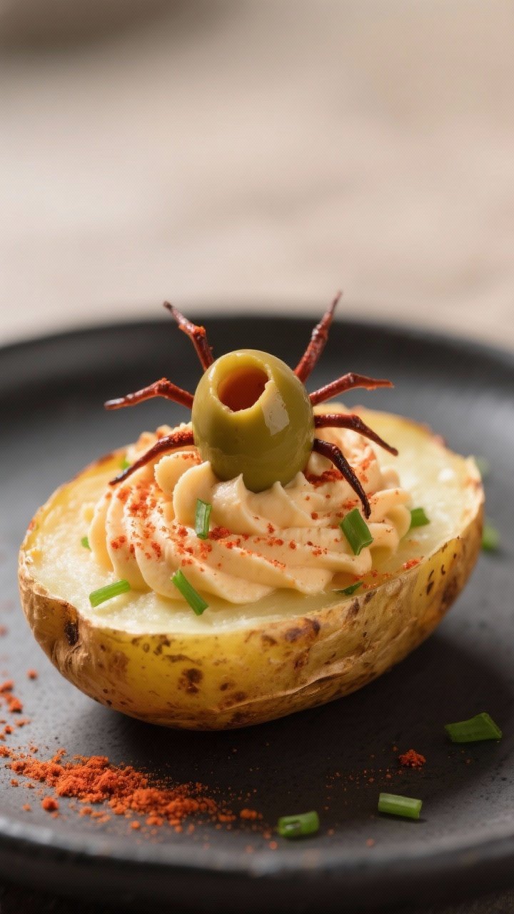 Close-up detail shot: A halved, roasted baby potato “shell” filled with ultra-creamy vegan devil