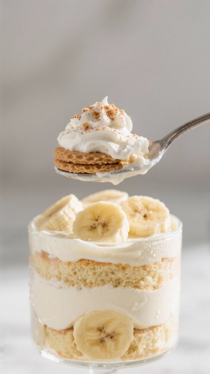 Close-up detail shot: A spoonful lifted from a chilled banana pudding trifle showing distinct layers