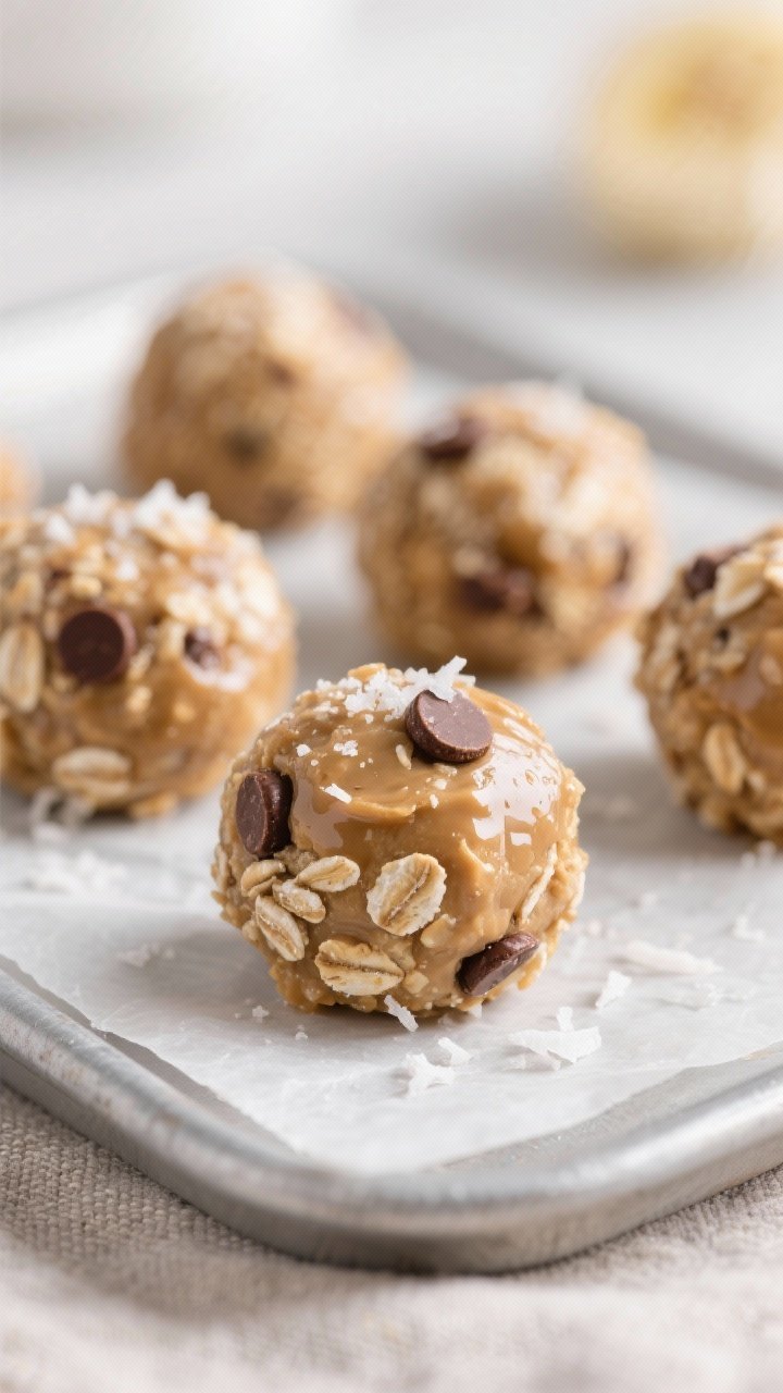 Close-up detail shot: A tight macro of freshly rolled Banana Oat Energy Bites resting on a parchment