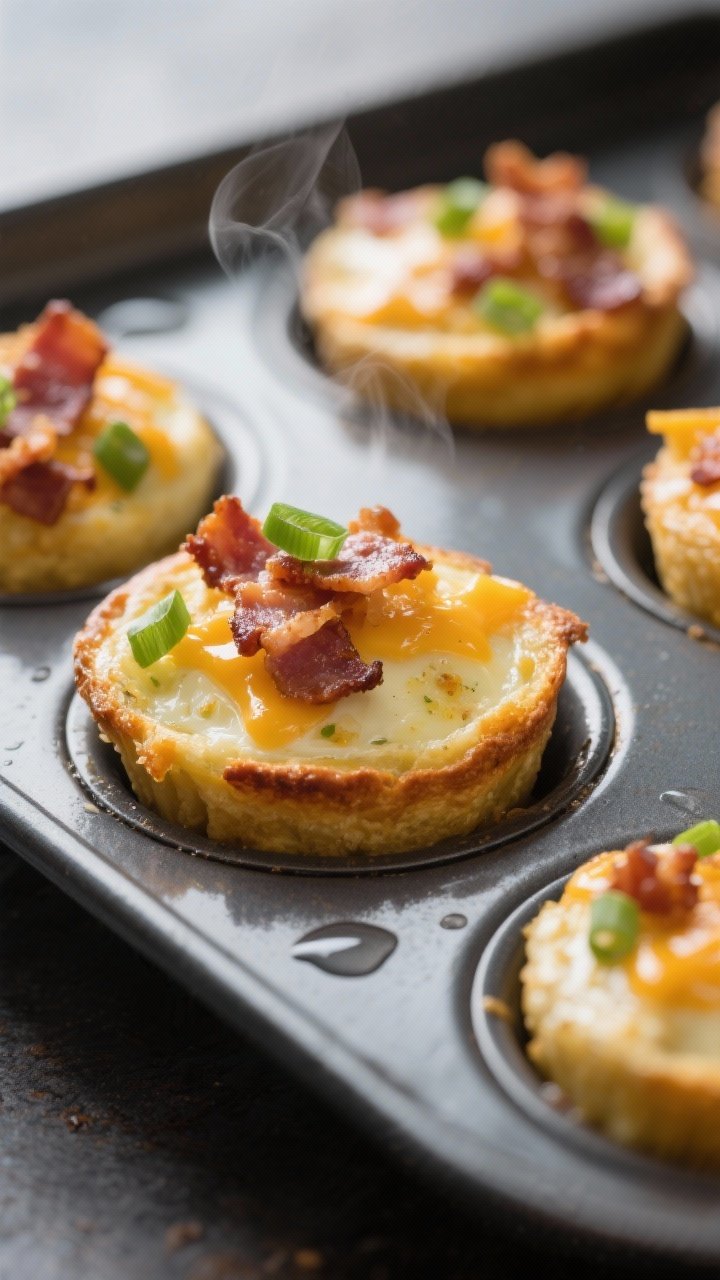 Close-up detail shot: Freshly baked bacon & cheddar egg bites just out of the muffin pan, golden edg