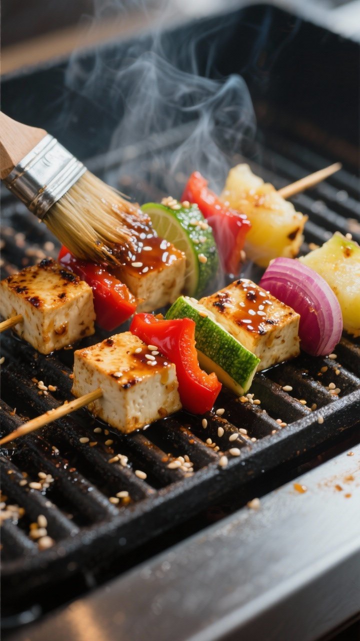Close-up detail shot: Glazed tofu skewers sizzling on a preheated grill, tofu cubes lacquered with a
