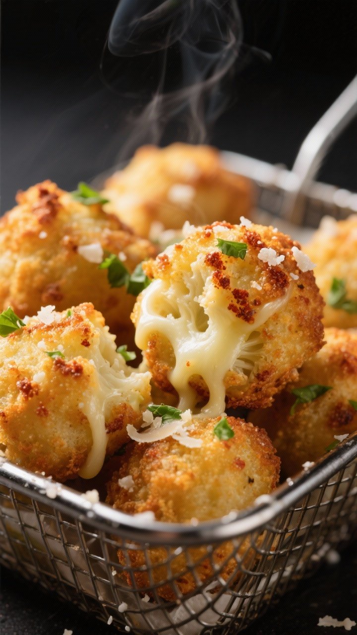 Close-up detail shot: Golden-brown air-fried keto cauliflower tots just out of the basket, edges cri