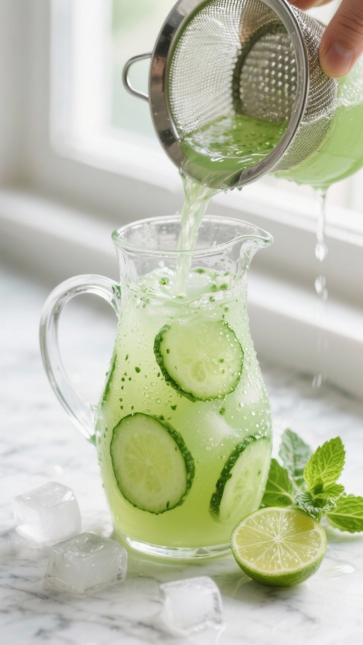 Close-up detail shot of a chilled Cucumber Mint Cooler being poured through a fine-mesh strainer int