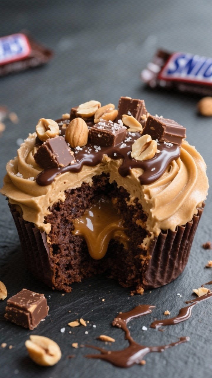 Close-up detail shot of a finished Snickers cupcake sliced in half to reveal the gooey caramel core,