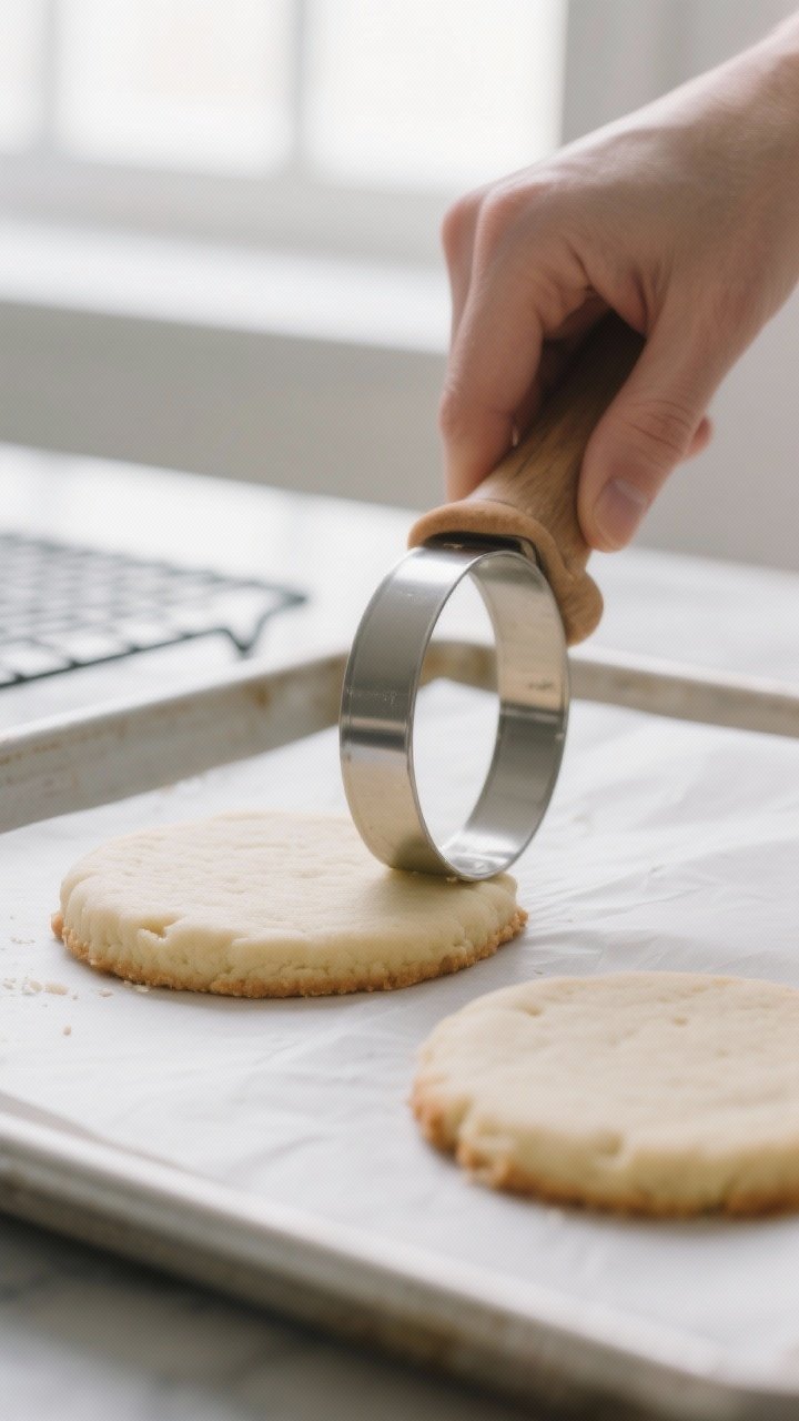 Close-up detail shot of a freshly baked soft sugar cookie being “scooted” into a perfect circle 