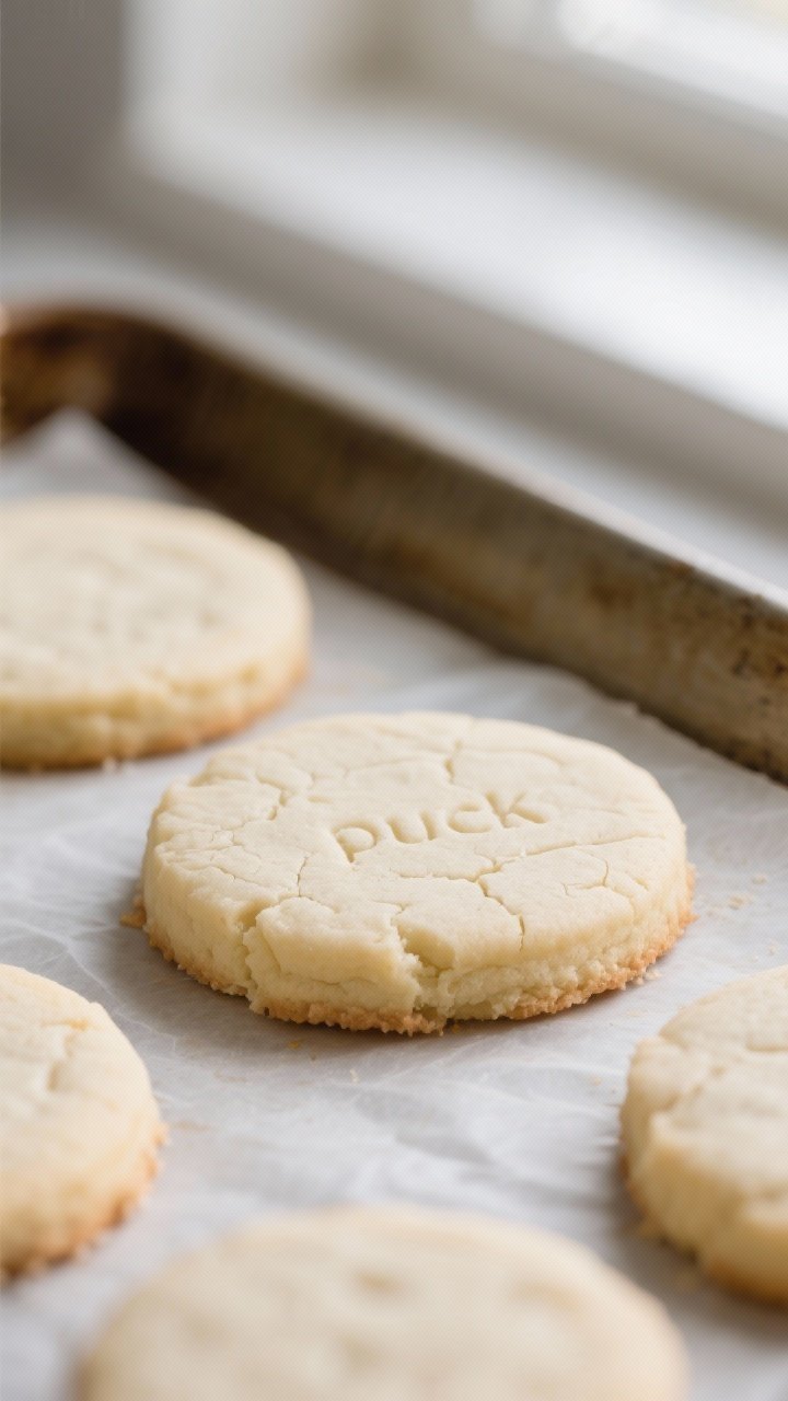 Close-up detail shot of a freshly baked sugar cookie “puck” just out of the oven, edges set and 
