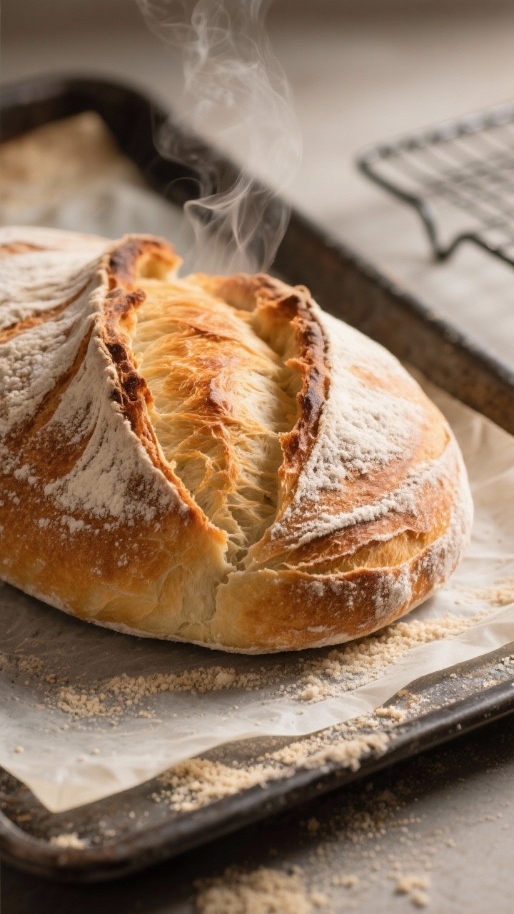 Close-up detail shot of a freshly baked traditional Italian bread loaf just out of the oven: crisp, 