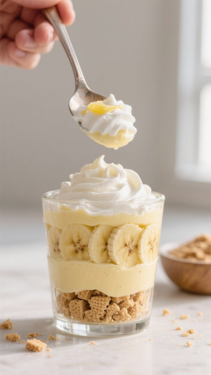 Close-up detail shot of a layered Banana Pudding Dessert Cup mid-assembly: a clear 8-ounce glass wit