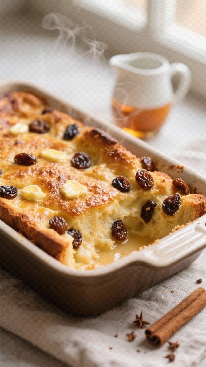 Close-up detail shot of freshly baked rum raisin bread pudding just out of the oven, showing a golde