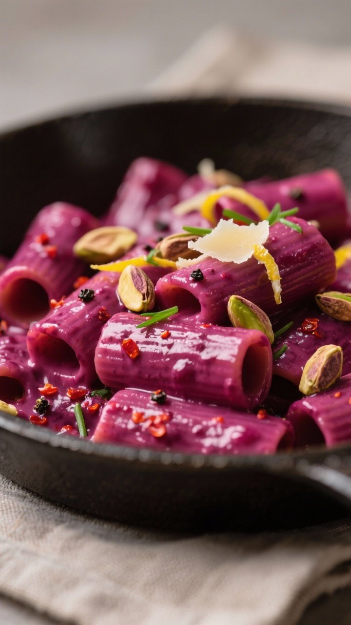 Close-up detail shot of glossy rigatoni tossed in creamy roasted beet sauce, vibrant magenta coating