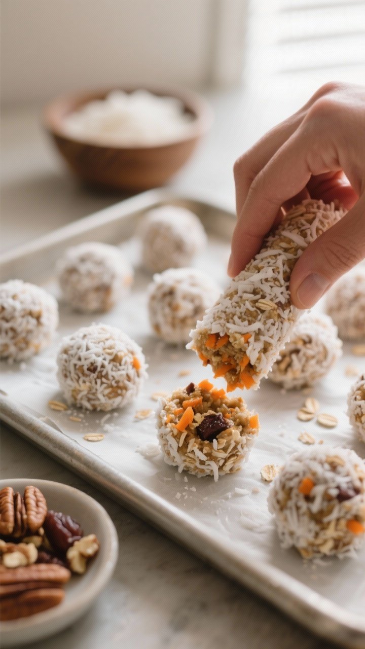 Close-up detail shot of no-bake carrot cake bites being rolled and coated: a tray lined with parchme