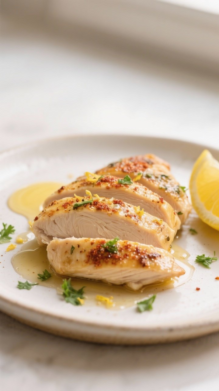 Close-up detail shot of sliced garlic herb baked chicken breast just after resting, showing juicy, g