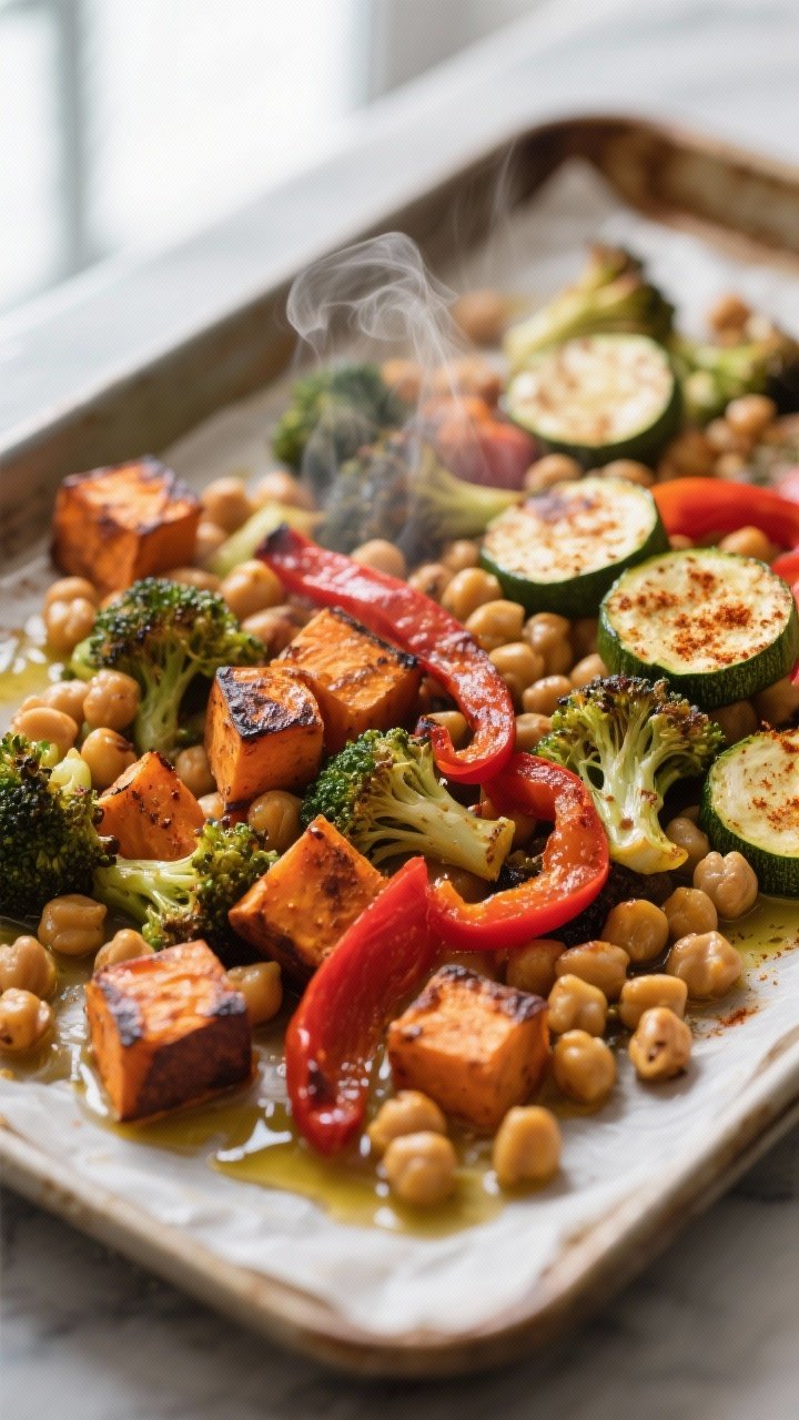 Close-up detail shot: Roasted veggie medley and chickpeas just out of the oven on parchment-lined sh