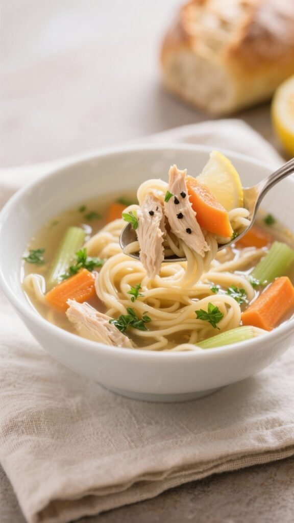 Close-up final bowl presentation of hearty chicken noodle soup: focusing on a spoonful lifted above