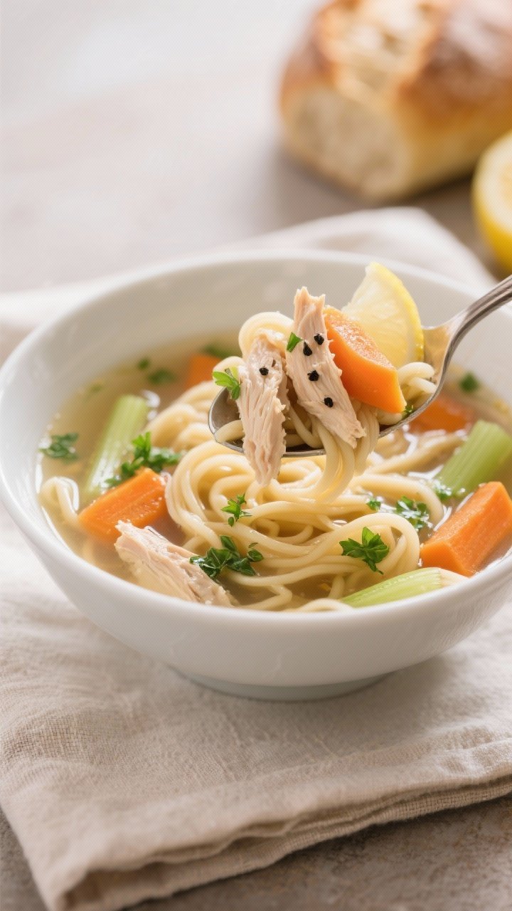 Close-up final bowl presentation of hearty chicken noodle soup: focusing on a spoonful lifted above 