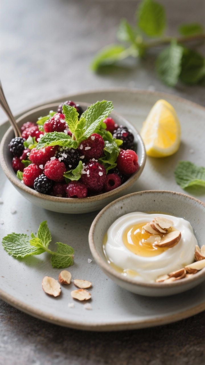 Close-up final presentation of the berry salad spooned into small bowls: jewel-toned berries mounded
