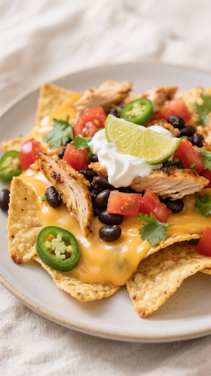 Close-up final presentation of the plated nachos: tight macro angle highlighting crunchy baked chips