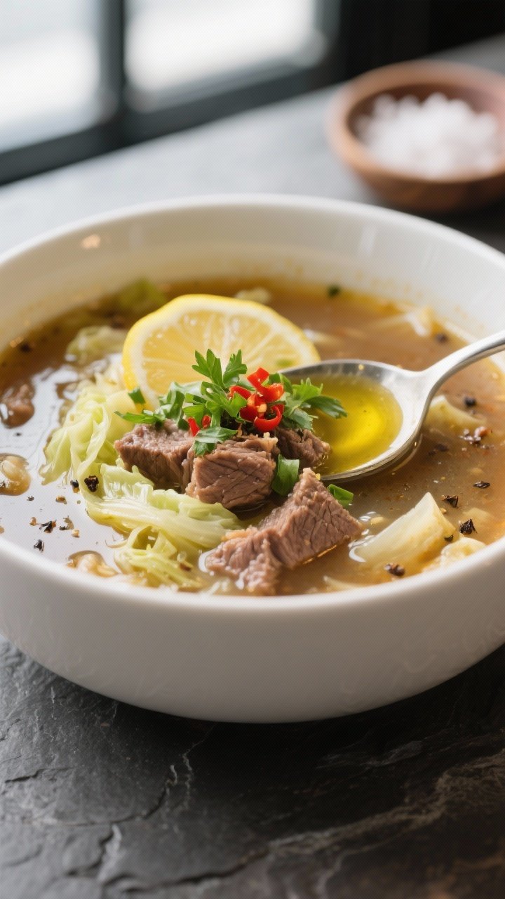 Close-up, of a ladled bowl of Beef and Cabbage Keto Soup served in a wide white ceramic bowl on a sl