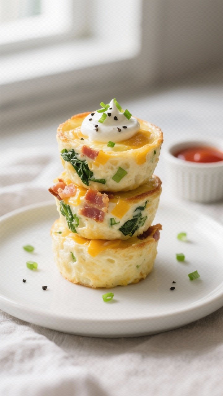 Close-up plated presentation of three keto Starbucks-inspired egg bites stacked slightly on a matte 