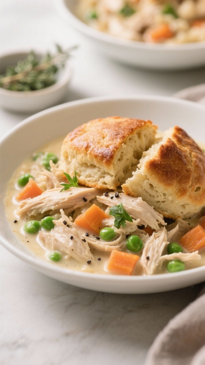 Close-up plated serving of the casserole in a shallow white bowl: tender, juicy shredded chicken and