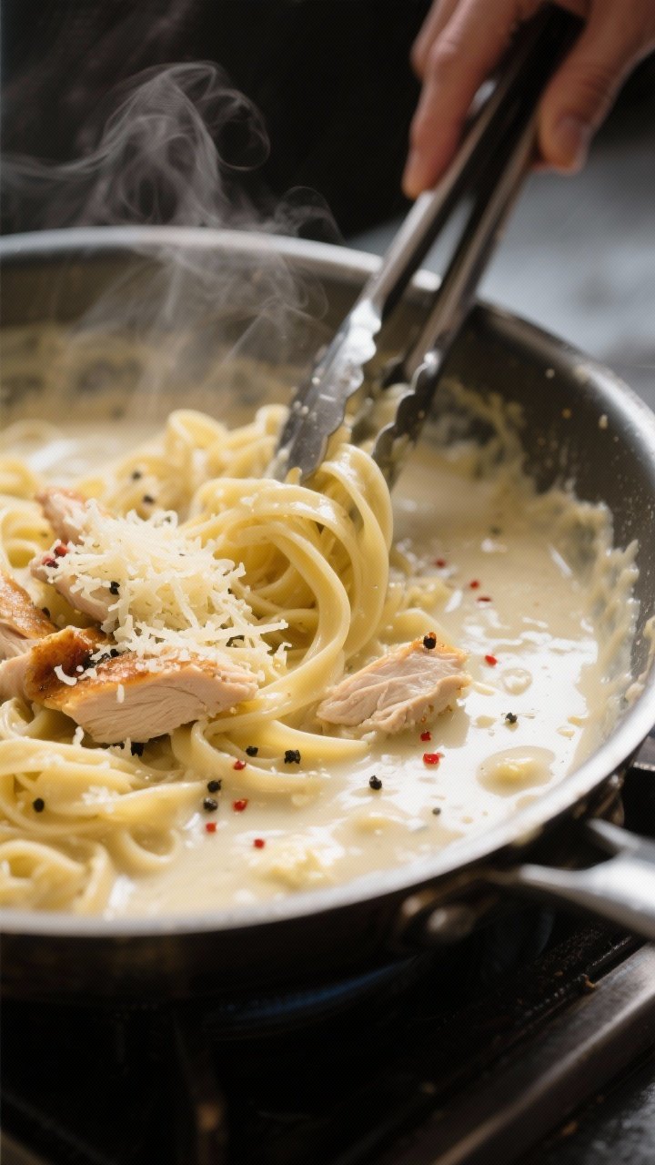 Close-up process shot of silky Alfredo sauce being stirred in a stainless skillet: butter-garlic cre