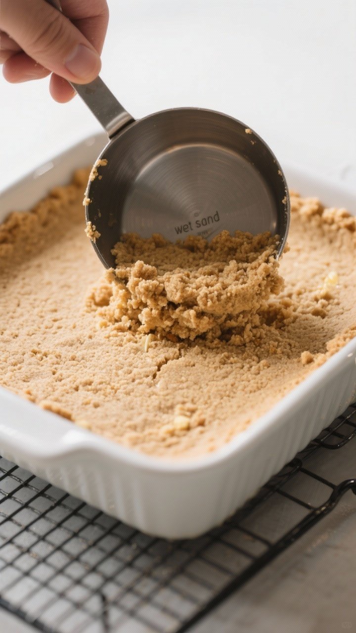 Close-up process shot of the graham cracker crust being pressed firmly into a square dish with the f